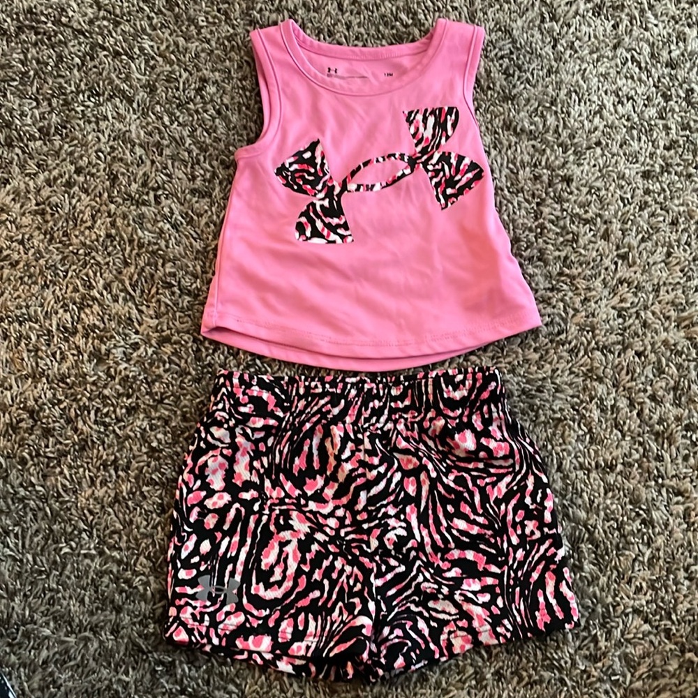 Under Armour Baby Girl Tank Top & Shorts Set Pink Black & White Sz 12 Month